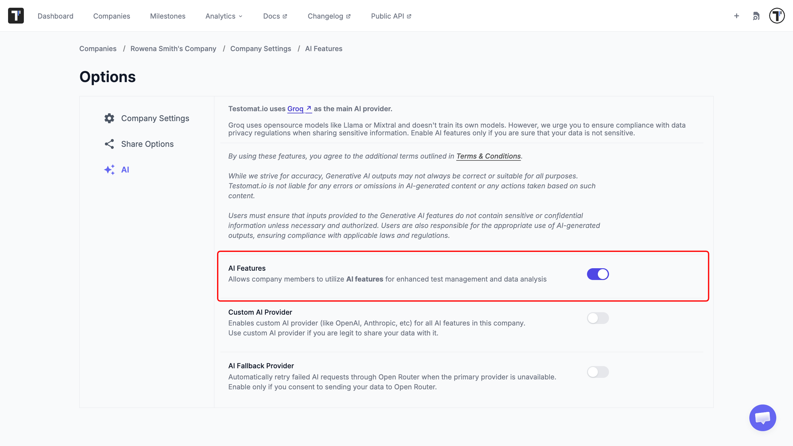 The AI toggle in Company Settings under Administration