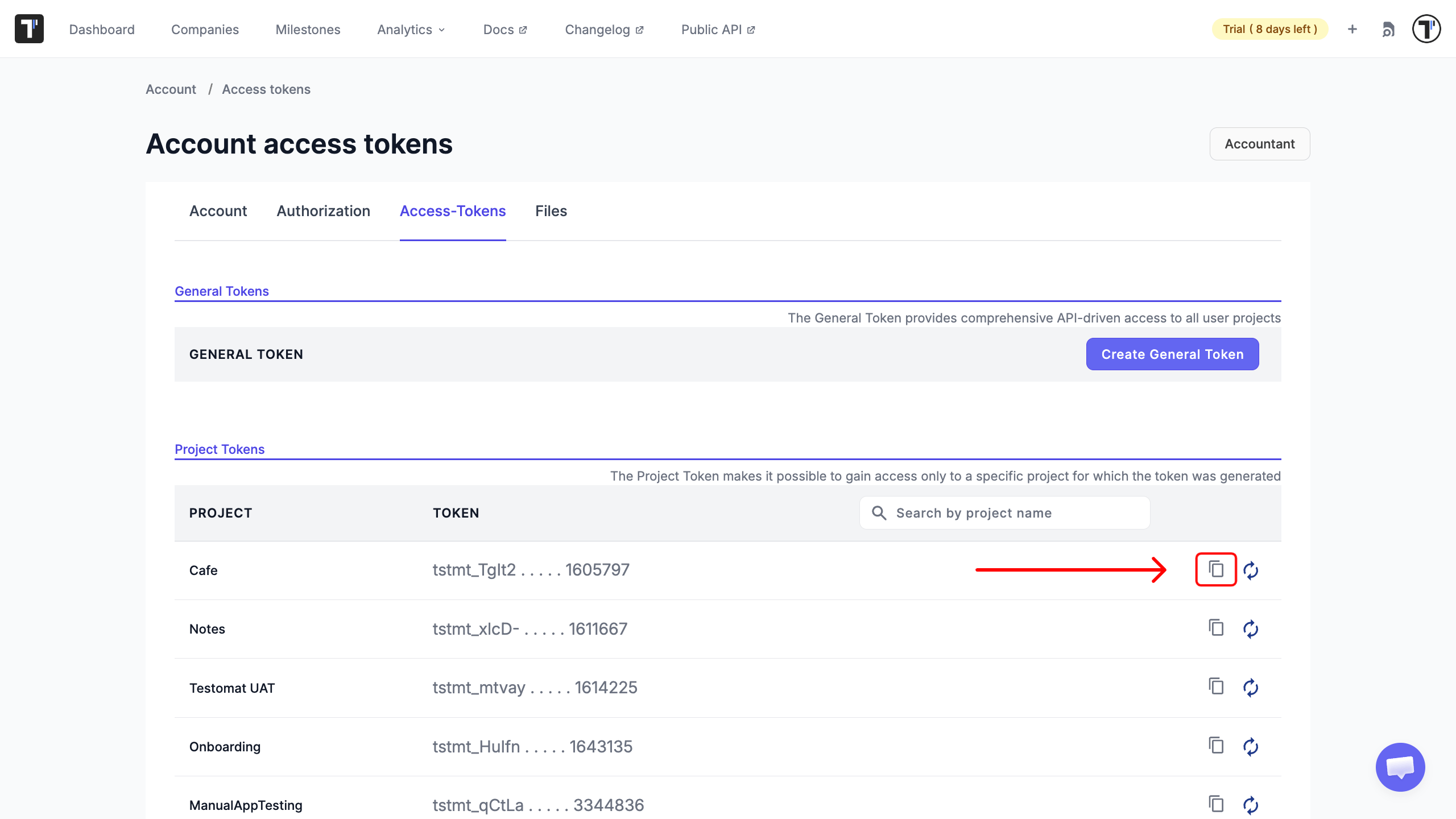 The Access Tokens page showing a General token and a Project token