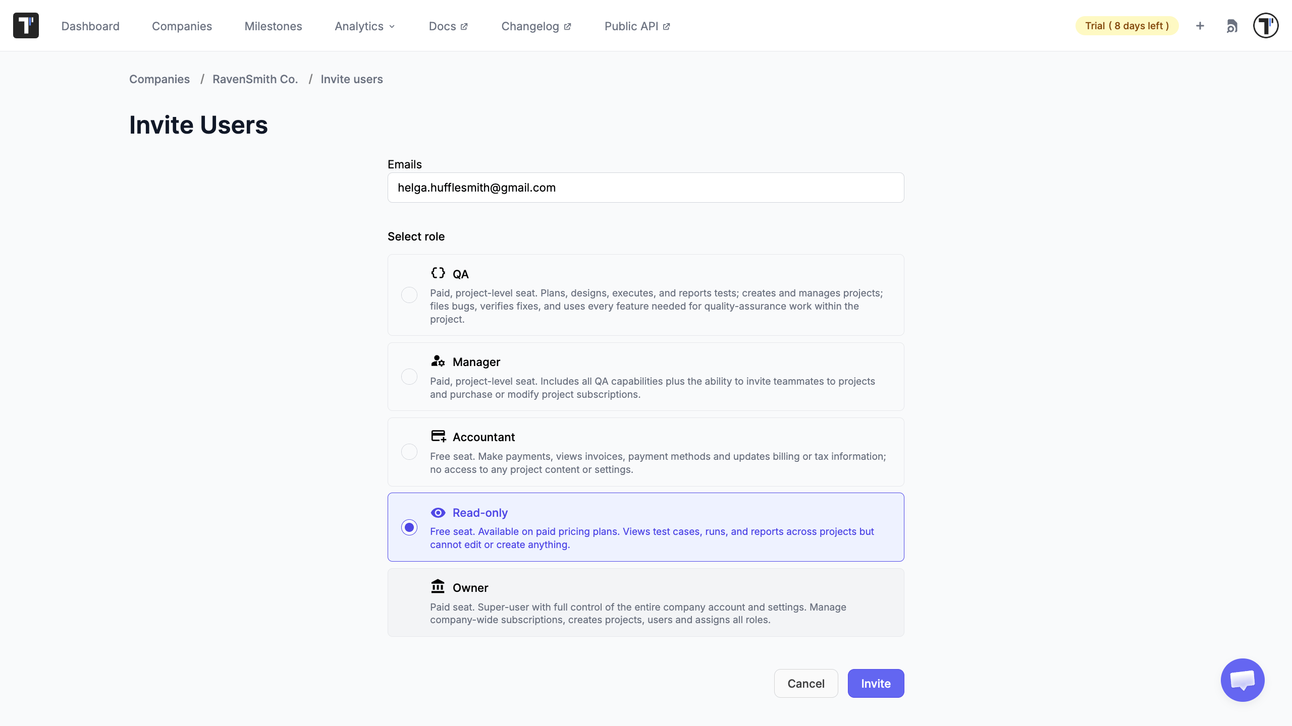 The company user invite with the Read-Only role selected