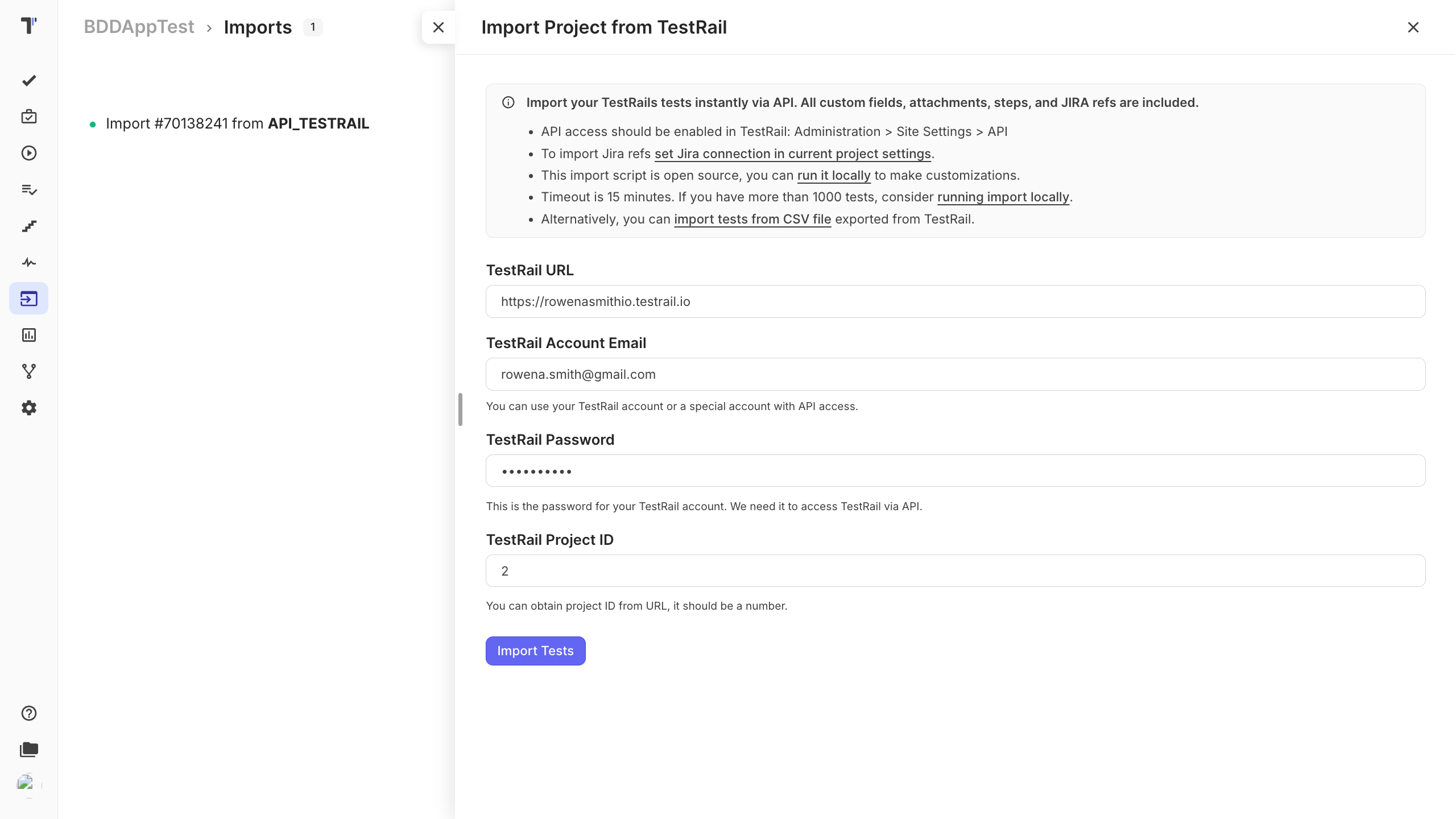 The Imports tab with the Import From TestRail button