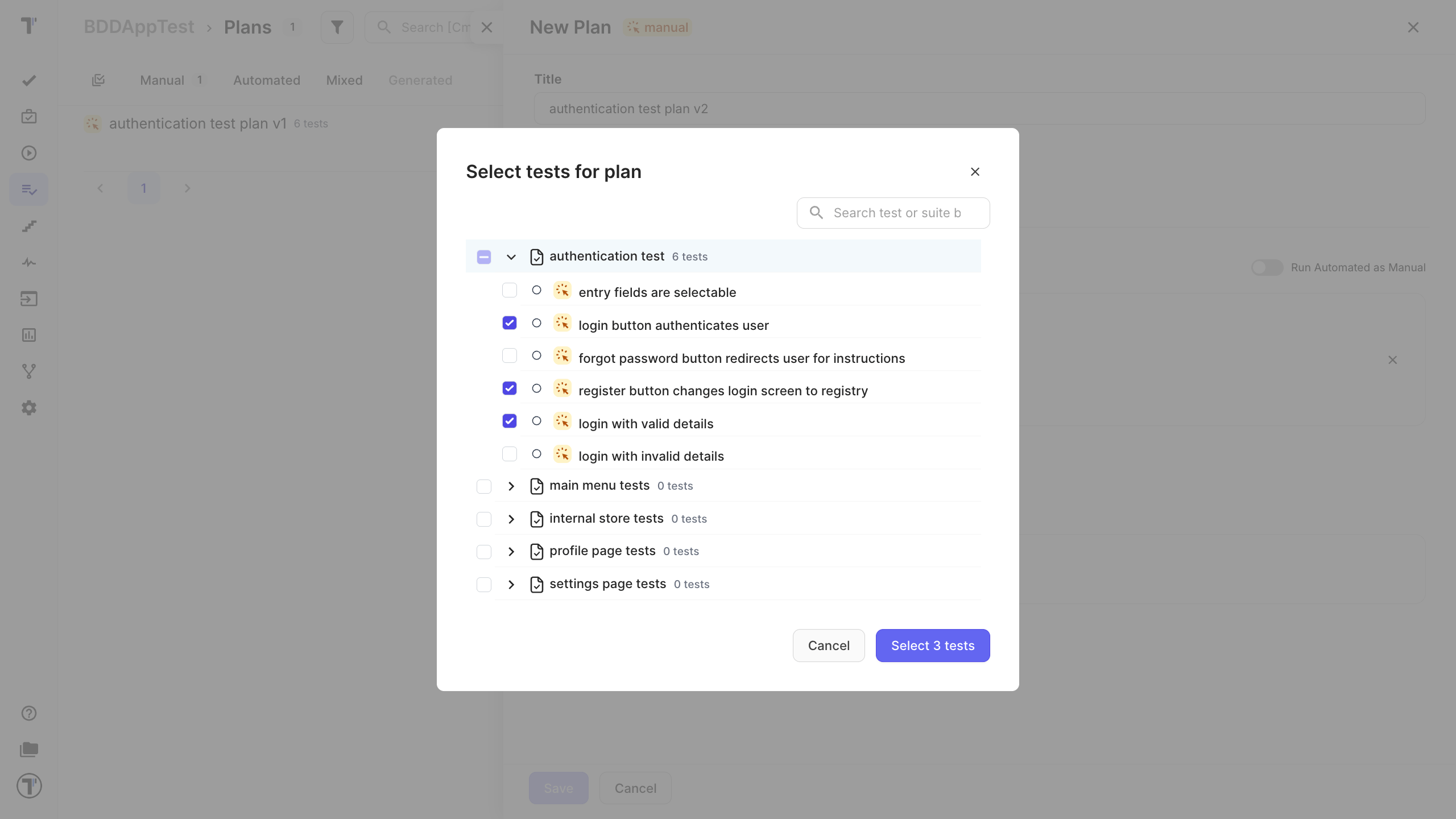 Selecting tests for the plan from the test tree