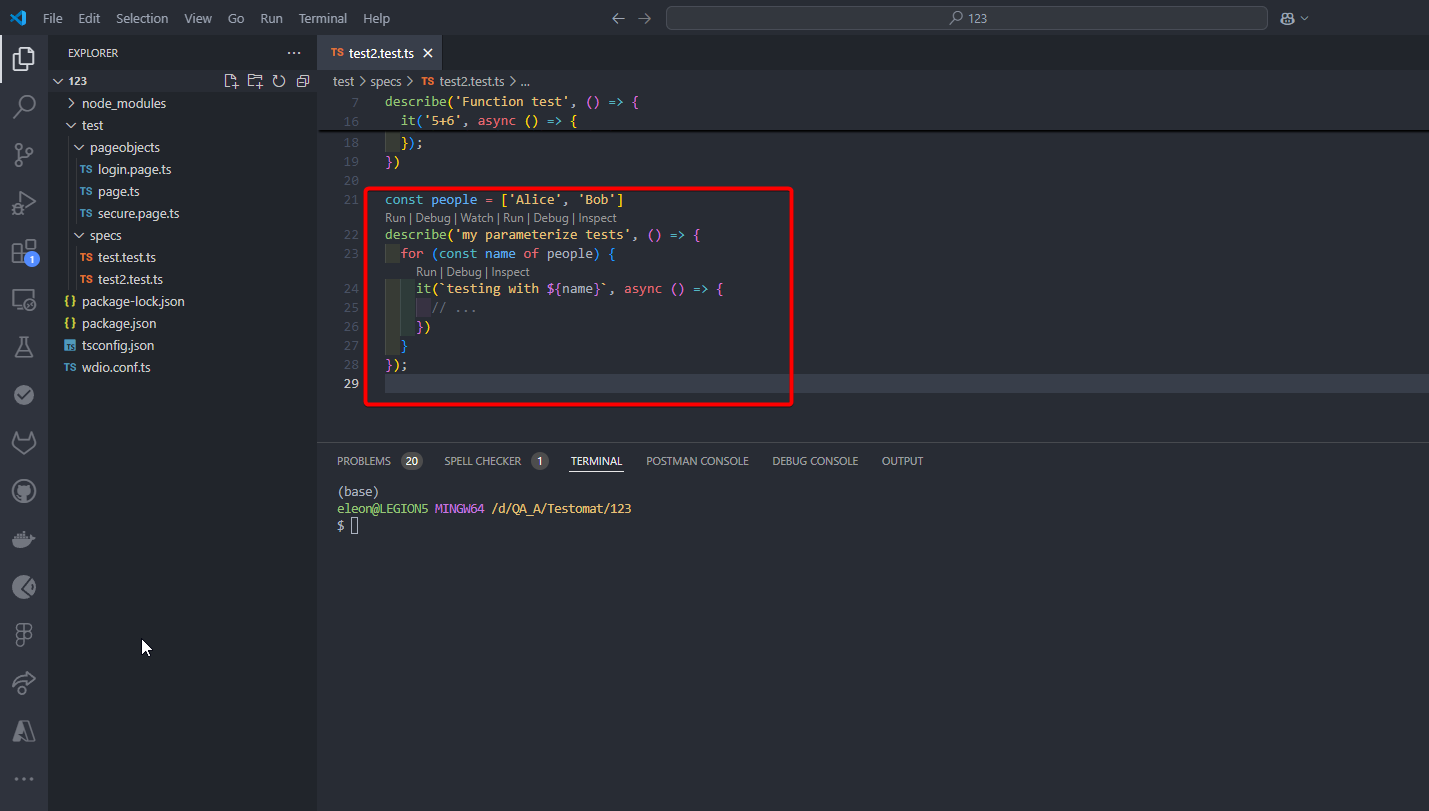 Webdriverio parametrized tests in editor