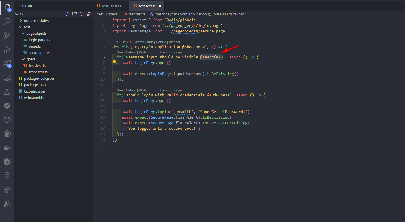 Webdriverio tests with IDs in editor