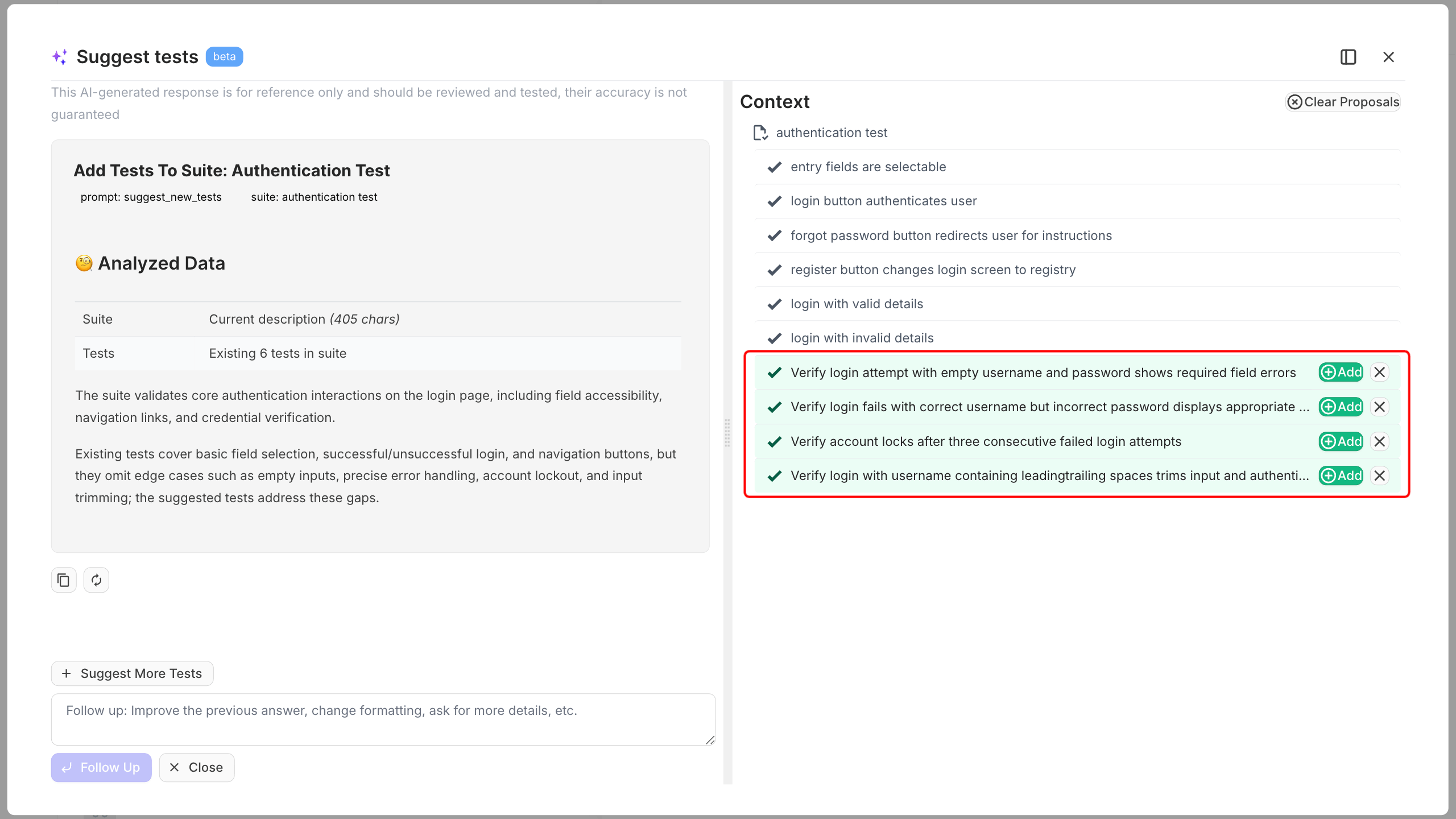 The suggested test cases generated from a requirement