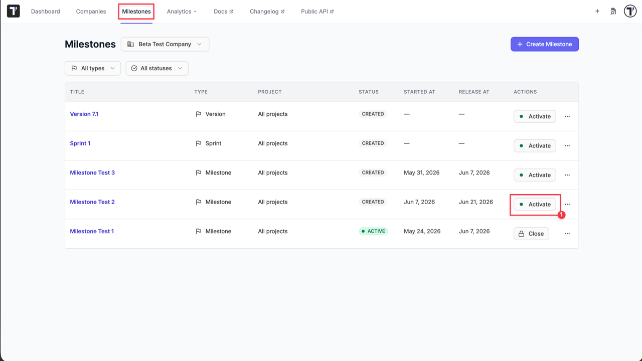 Testomat.io - Activate Milestone