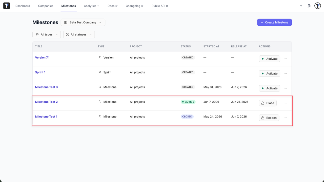 Testomat.io - Activate Milestone