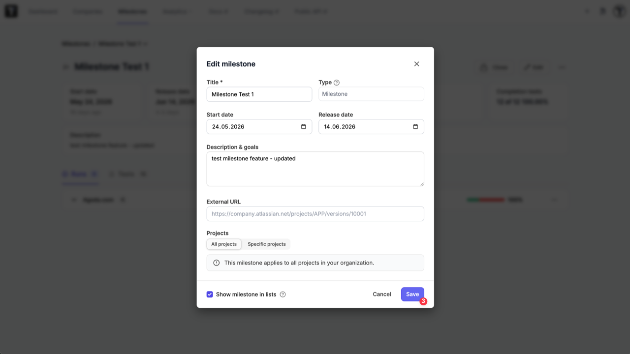 Testomat.io - Edit Milestone